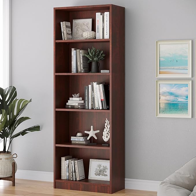 Bookshelf, Open Modern Bookshelf, 5 Shelf Bookcase with Freestanding Display Storage, Wooden Book Shelf for Bedroom, Living Room, Dinning Room, Office,Brown