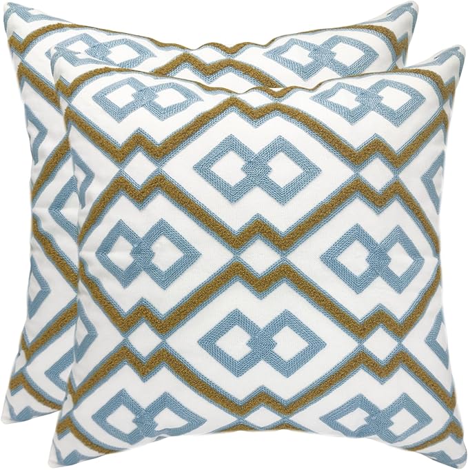 Alysheer Embroidered Decorative Throw Pillow Cover 18"x 18" Set of 2, Classic Boho Geometric Embroidery Pattern Cotton Rectangular Cushion Case for Sofa Couch Living Room Bedroom (Blue Khaki)