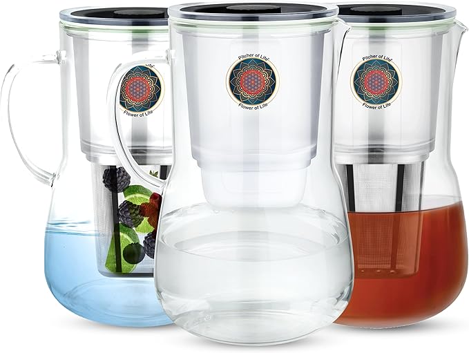 Borosilicate Glass Alkaline Water Pitcher of Life with Stainless Steel Fruit infuser Glass Water Filter Pitcher with Lid Clearly Filtered Water Pitcher Increases pH NSF/ANSI 42 & 61 Certified Filters