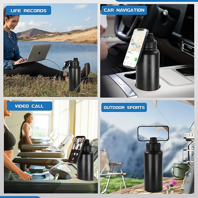 32oz Water Bottle with Magnetic Phone Holder, Stainless Steel Water Bottles Compatible with MagSafe Phone Mount and Tripod for iPhone, Double Walled Insulated tumbler for Gym, Sport