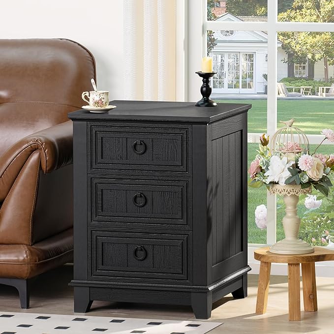 18" Farmhouse Night Stand with 3 Drawers, Wood End Table Dresser for Bedroom, Black Nightstand, Bed Side Table with Metal Handle, Bedside Cabinet for Bedroom Living Room, Closet