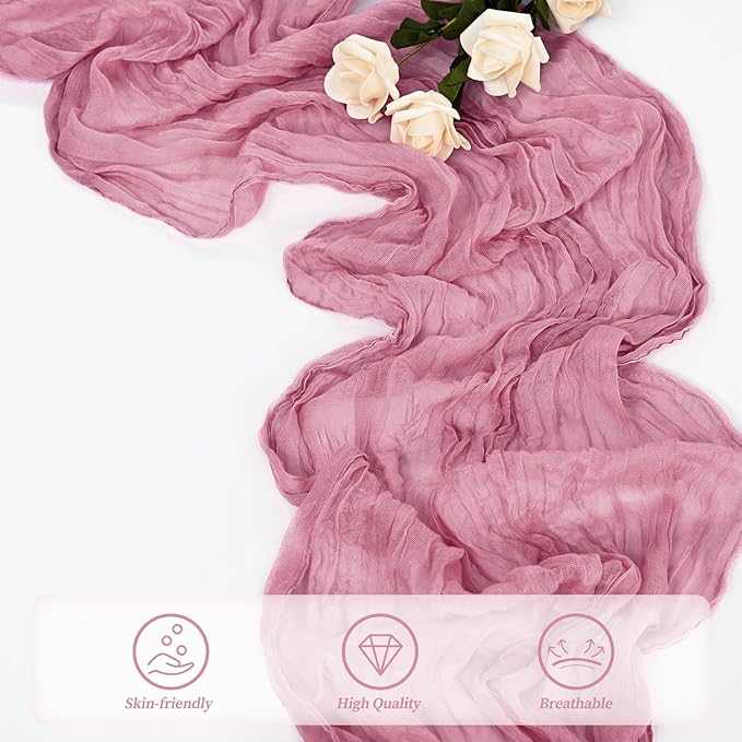 20 Pack Dusty Rose 10FT Cheesecloth Table Runner 20 x 120 Inch Long Rustic Gauze Fabric Cheese Cloth Table Runner for Wedding Bridal Baby Shower Table Decorations Boho Sheer Birthday Party Table Decor
