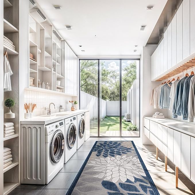 Beverly Rug Outdoor Runner Rug 2x7 Modern Floral Tropical Area Rugs for Indoor and Outdoor Patio Easy to Clean Non Shedding Living Room Porch Garden Washable Outside Carpet (2 x 7 Blue)