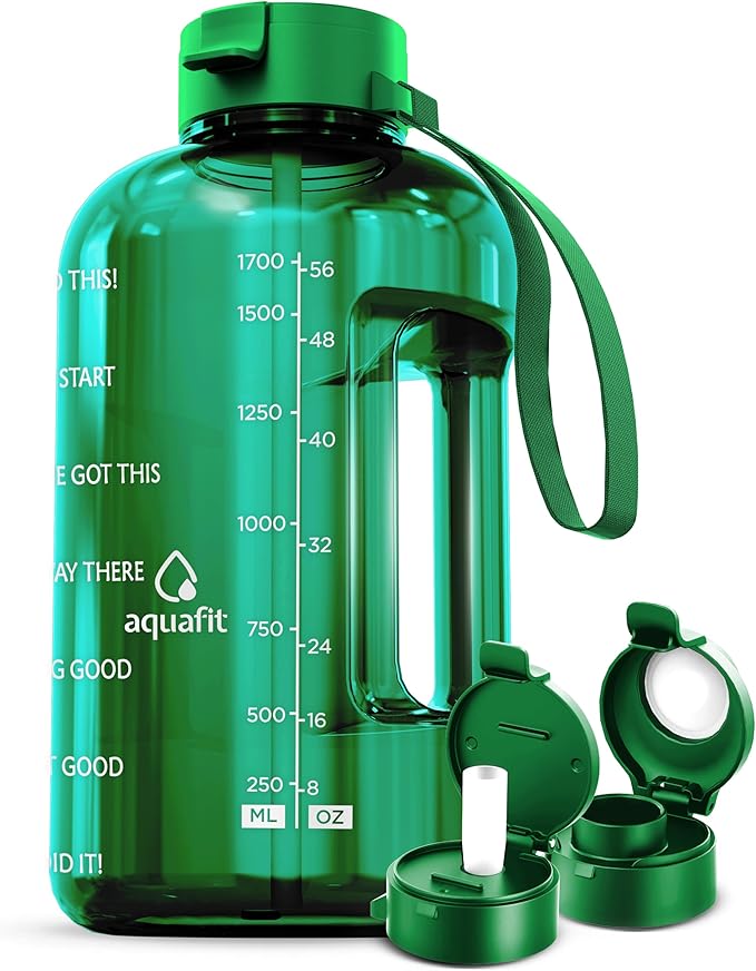 64 oz Water Bottle with Time Marker - BPA Free Half Gallon Water Bottle with Straw - Gym Water Bottle with Handle, Gallon Water Jug, Big Water Bottle, Large Water Bottle (Bright Green, 2 Lids)