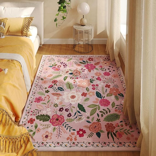 Bedroom Rug 3x5 Rug Washable Area Rug Non Slip Low Pile Boho Floral Small Carpet for Bedroom, Bedside, Kitchen, Entryway, Kids Room, Office, College Dorm Essentials for Girls(Pink)