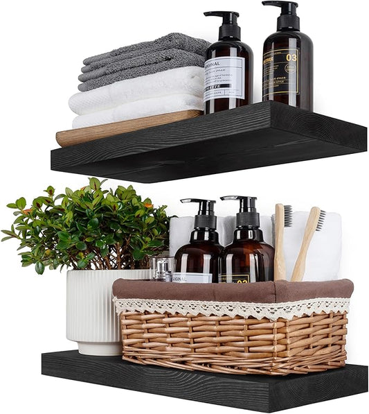 BGMG Wood Floating Shelves 18 inch,Black Floating Shelves,Solid Wood Wall Shelves for Bathroom Living Room Bedroom Kitchen Farmhouse Set of 2-18x 6.7 x1.25 inch