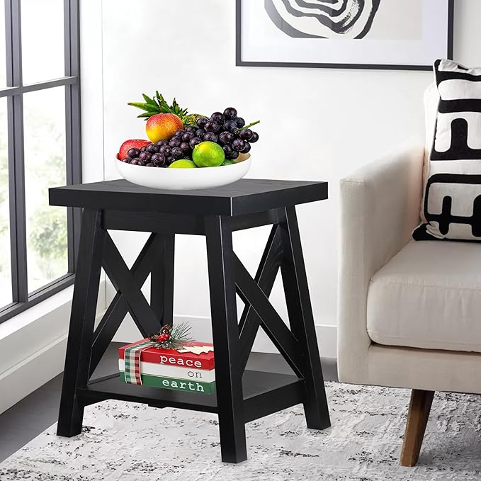 Black End Table, 2-Tier End Tables Living Room, Wood Side Table, Modern Side Table