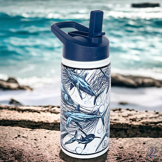 Biddlebee Kids Water Bottle with Straw Lid | 14oz Insulated Stainless Steel Reusable Bottles for School | Leak Proof Cap with Handle & Touch Free Spout | Great for Boys & Girls (Sharks)