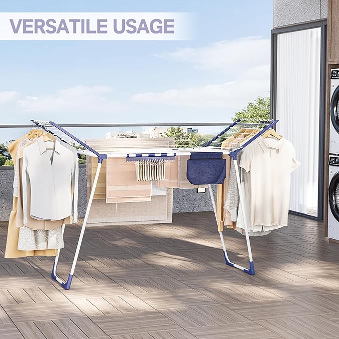 APEXCHASER Clothes Drying Rack Foldable, Drying Rack Clothing Large Space, Winged Laundry Rack with Sock Clips for Hanging Towels Clothes Dress Bedding Indoor Outdoor, White