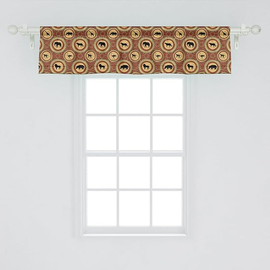 Ambesonne Savannah Window Valance, Medallion Pattern of Monkey Giraffe Lion African Inspired Ethnic Design, Curtain Valance for Kitchen Bedroom Decor with Rod Pocket, 42" x 12", Mustard and Brown