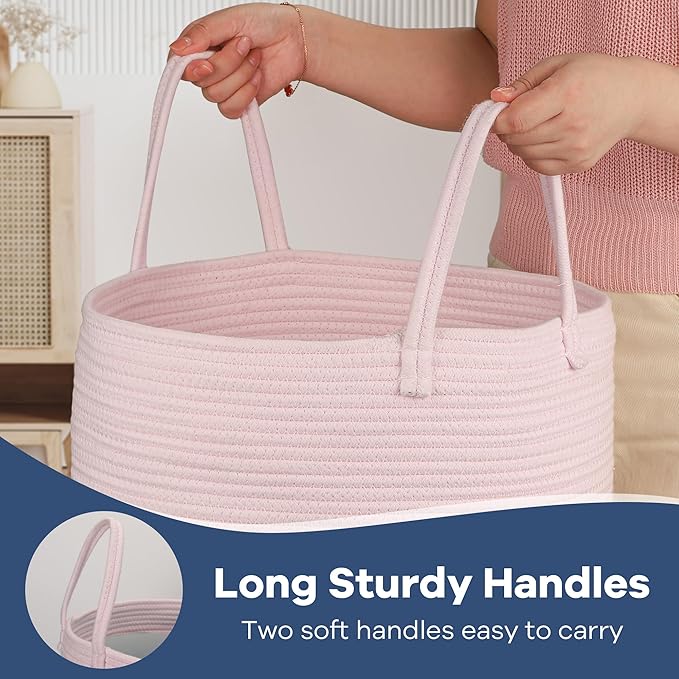 Baby Laundry Basket Hamper,Woven Cotton Rope Pink Laundry Basket Nursery Hamper Bin Storage Basket for Girls Kids Living Room Bedroom Cute Boho Tall Woven Rope baskets for Clothes Blanket Toys Large