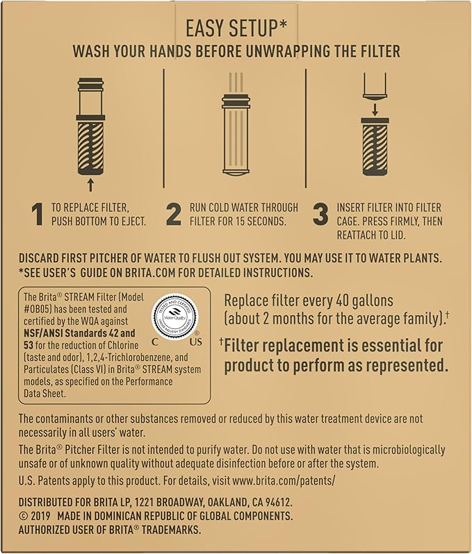 Brita Stream Pitcher Water Filter for Pitchers and Dispensers, BPA-Free, Replaces 1,800 Plastic Water Bottles a Year, Lasts Two Months or 40 Gallons, Includes 2 Filters