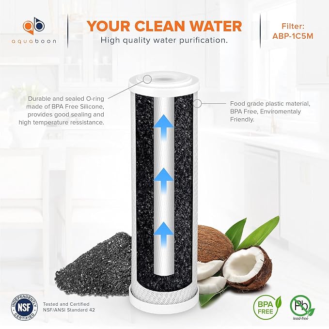 Aquaboon 5 Micron Water Filter 10 x 2.5 - Premium Carbon Block Water Filter - Carbon Water Filter Cartridges - Whole House Water Filter Cartridge Replacement Compatible with FXWTC, WFPFC8002, 5 Pack