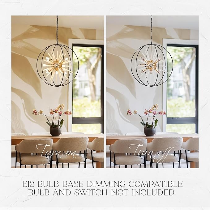 23.6" Black Gold 12-Light Globe Sputnik Chandelier Modern Adjustable Hanging Ceiling Glass Tube Pendant Light Fixture for Entryway Foyer Staircase Dining Living Room Hallway