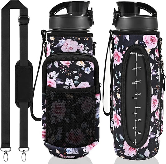 32 oz Water Bottle with Straw and Sleeve, Motivational Water Bottle with Time Marker and Adjustable Shoulder Strap, BPA Free Leakproof Sport Water Jug for Hiking, Gym