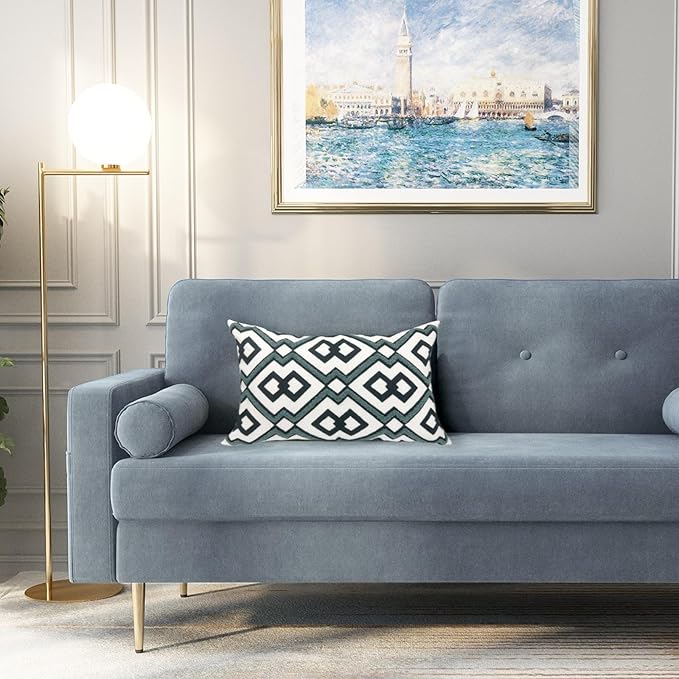 Alysheer Embroidered Lumbar Decorative Throw Pillow Cover 12"x 20", Classic Boho Geometric Embroidery Pattern Cotton Rectangular Cushion Case for Sofa Couch Living Room Bedroom (Navy Aqua)