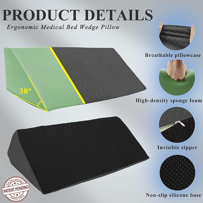 Bed Wedge Pillow for Side Sleeping Sponge Filled Body Positioning Triangle Pillow Suitable for Pregnancy and Surgery Prevent Bed Sore for Leg and Back Support with Pillow Case (Dark Gray)