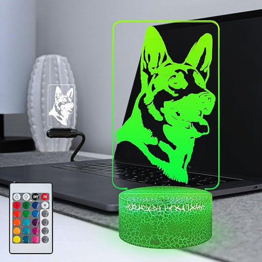 3D Visual Anime German shepherd Cute Dog Doggy Puppy Night Light 16 Color Change USB Charge Base Remote Control Dimming Flash Smooth Mode Desk Lamp Animal Cosplay Party Boy Gift Decoration
