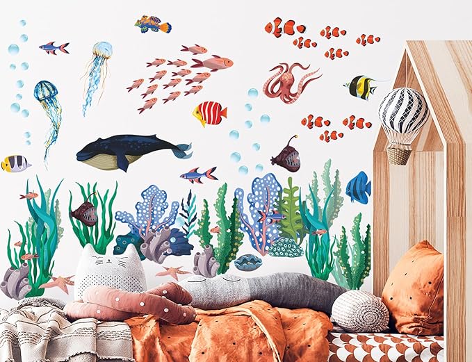 6 Sheets Under The Sea World Wall Decals Ocean Animals Wall Decals Removable DIY Watercolor Whale Jellyfish Fish Starfish Seaweed Ocean Grass Decor for Kids Living Room Bedroom Bathroom Decor