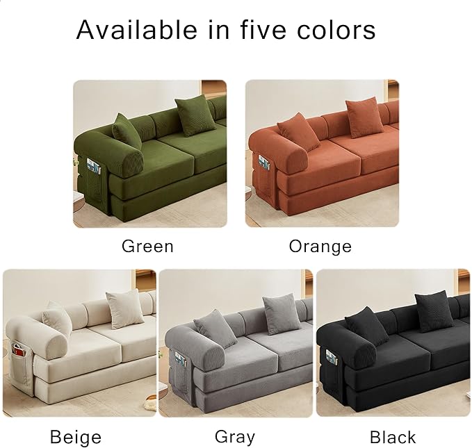 107" Oversized Convertible Sleeper Sofa Bed, Corduroy L Shape Sectional Couch, Folding Sofa Bed with Side Pocket, Modern Cloud Floor Mattress Couch, Modular Sofa for Living Room, Green