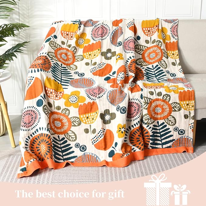 Boho Throw Blanket for Bed - 100% Pure Cotton Ultra Soft Rustic Quilt - Farmhouse Decor Bed Blankets, All Season Rustic Throw for Sofa Couch Chair(91''x 98'', Floral Print 2)