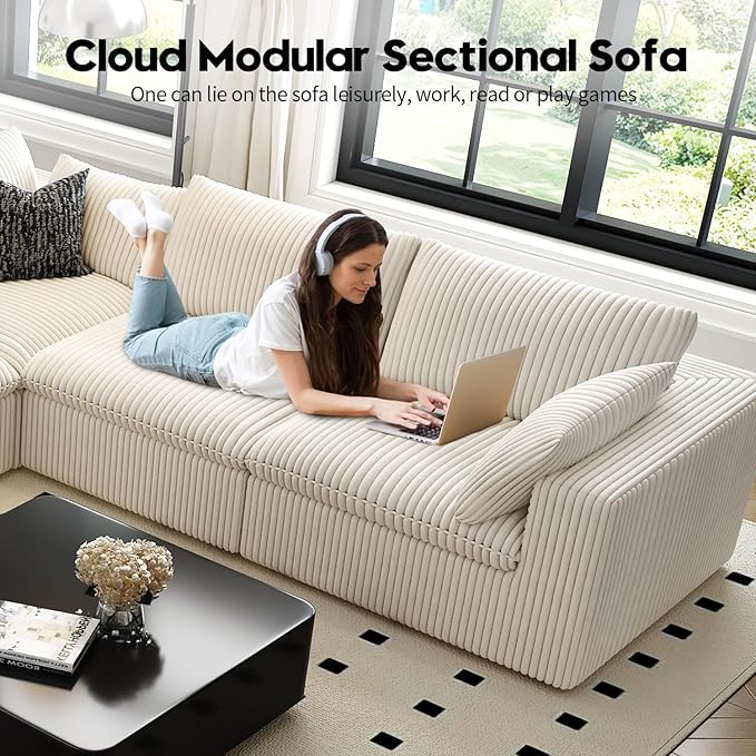 157.5" Cloud Couch Oversized Modular Sectional Sofa for Living Room,Modern Sofa with Deep Seat，U-Shape Boneless Couch with 2 Ottoman,Comfy Upholstered Couches for Apartment, Studio, Office,White