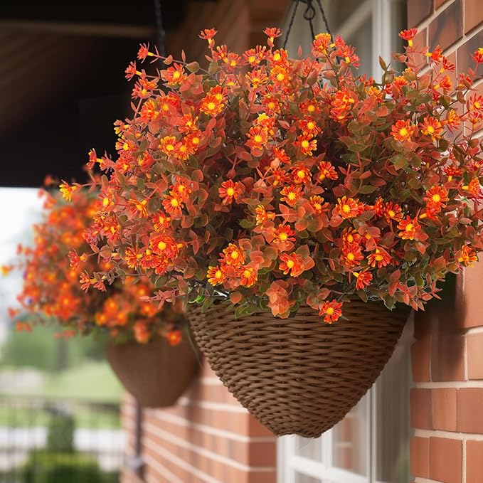 12 Bundles Artificial Fall Flowers No Fade Faux Autumn Plants, Fake Indoor Outdoor Greenery Decorations for Thanksgiving Christmas Wedding Party Home Garden Fireplace Décor (Fall Red)