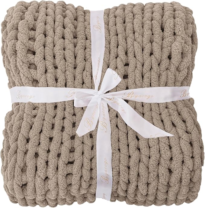 Bigacogo Chunky Knit Throw Blanket for Couch, 80x90 inches, 100% Hand Knitted with Thick Jumbo Chenille Yarn, Cozy Soft Large Rope Knot Cable Crochet Blankets for Sofa Bed Living Room, Taupe