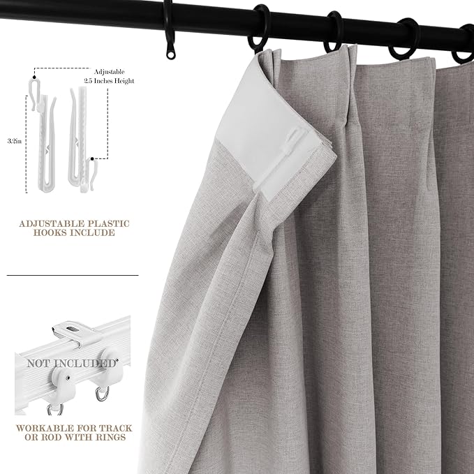 Browish Grey Pinch Pleat 100% Blackout Drapes Linen Blend, Room Divider, Room Darkening, Energy Saving, Furniture Protecting, Light Blocking Extra Wide Privacy Curtains, 240Wx84L, 1 PC