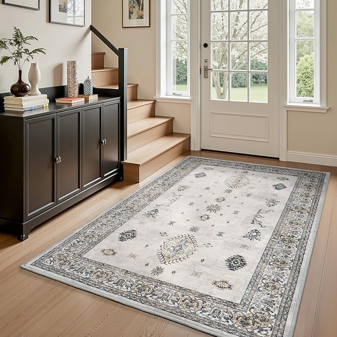 AMOAMI-Vintage Area Rug 3x5 Grey Rugs for Living Room-Soft Washable Rug Non Slip Entryway Rug Indoor Vintage Throw Accent for Bedroom Laundry Room Dining Bathroom Bedside