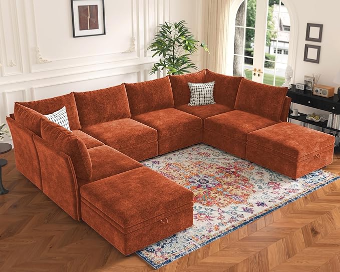 136.4" Oversized Modular Sectional Sleeper Sofa Bed, U Shaped Convertible Couch with Movable Ottoman, Large 8 Seat Corner Couches for Living Room Deep Seat Terracotta Orange Chenille