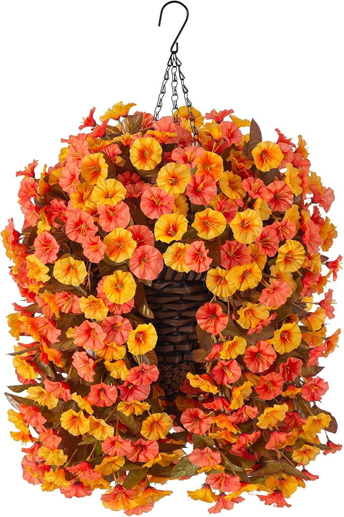 Artificial Fall Fake Hanging Flowers Plants Basket for Outdoor Autumn Decoration, Faux Silk Morning Glory Long Stems Vines Realistic UV Resistant for Outside Home Porch Garden (Fall Orange+Yellow)
