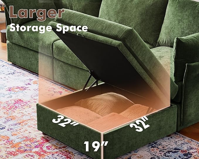 102.6" U Shaped Modular Sectional Sofa, 5 Seater Couch with Storage Ottoman Deep Seat and High Backrest with Removable Cover for Living Room, Apartment - Chenille Green