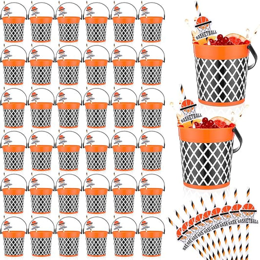 36 Pcs 32oz Basketball Party Favors Rum Buckets Plastic Basketball Cocktail Buckets for Drinks Plastic Ice Pail Bulk with Handle and Straw Reusable Punch Bowls for Drinkware Beer Beverage