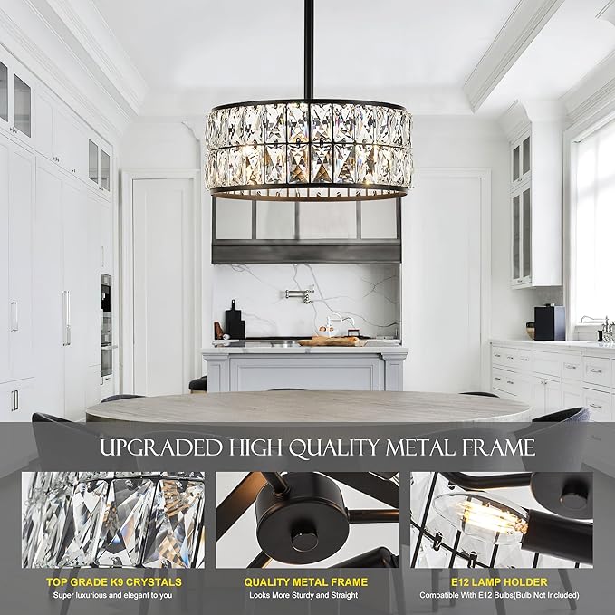 12” 3-Light Modern Crystal Chandeliers Black Dinning Room Light Fixture with Two Poles, Round Pendant Light Kitchen Island Chandelier, Flush Mount Ceiling Light for Living Room Entryway