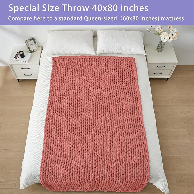 Bigacogo Chunky Knit Throw Blanket for Couch, 40x80 inches, 100% Hand Knitted with Thick Jumbo Chenille Yarn, Cozy Soft Large Rope Knot Cable Crochet Blankets for Sofa Bed Living Room, Antique Red