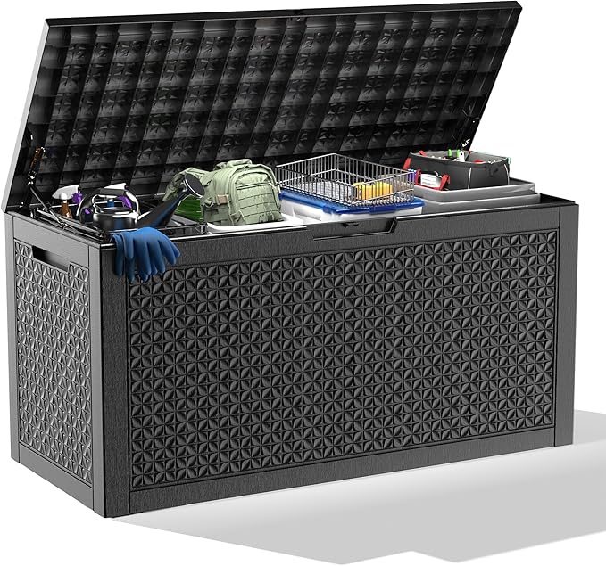 100 Gallon Deck Box Large Outdoor Storage for Patio Furniture,Outdoor Cushions,Garden Tools and Pool Supplies,Waterproof,Resin,Lockable(Black Lozenge)