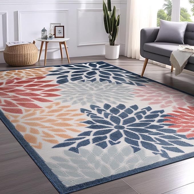 Beverly Rug Outdoor Rug 9x12 Large Modern Floral Tropical Area Rugs for Indoor and Outdoor Patio Easy to Clean Non Shedding Living Room Porch Garden Washable Outside Carpet (9 x 12 Multicolor)