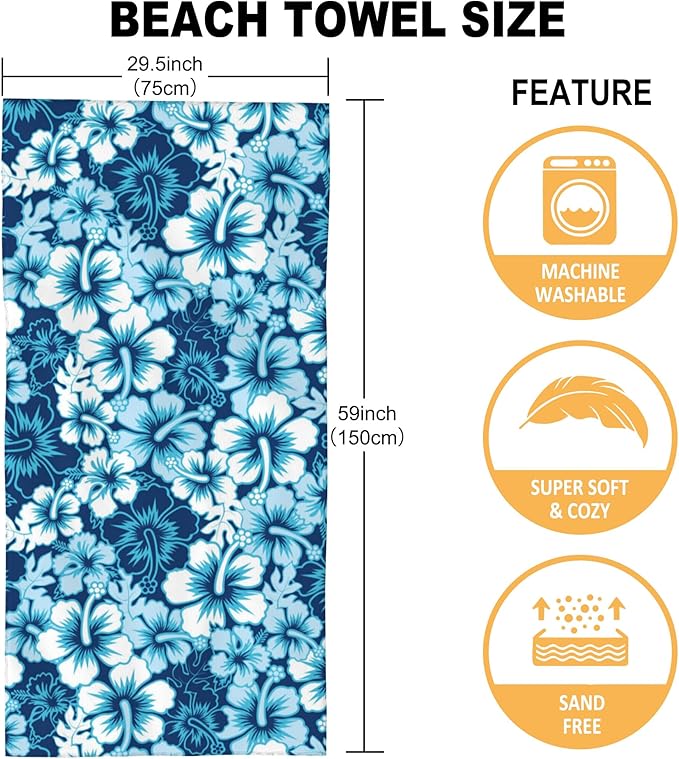 Beach Towel, Blue Hibiscus Floral Beach Towel Oversized Sand Proof Absorbent, Quick-Dry Bath Pool Swim Towel for Shower Spa Vacation, 29.5” X 59”