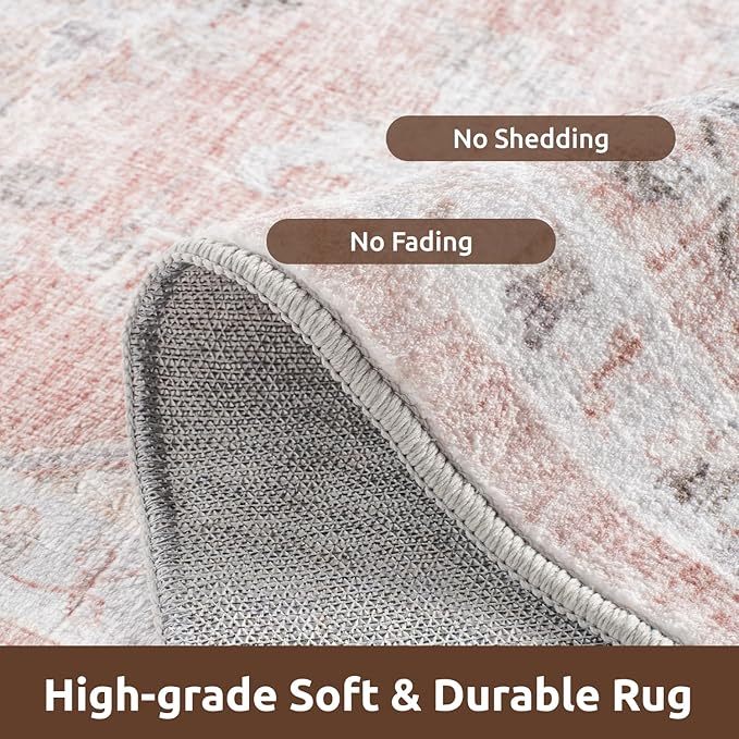 AMOAMI 6FT Round Vintage Soft Pink Rug - Non Slip Circle Machine Washable Rug for Living Room, Bedroom, Office Under Table