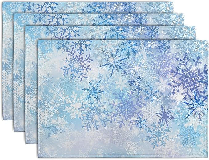 Blue Snowflake Winter Placemats Set of 4 Xmas Snow Place Mat Merry Christmas Linen Fabric Table Mats Washable Heat Resistant Placemat for Farmhouse Kitchen Dining Party Decoration