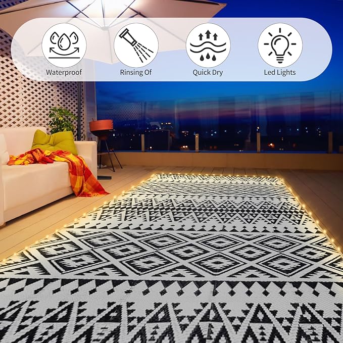 6x9ft Waterproof Outdoor Rug with LED Lights, Bohemia Reversible Plastic Straw Mat for Patio RV Camping Picnic Balcony Beach Deck Indoor Outdoor Carpet, Black&White
