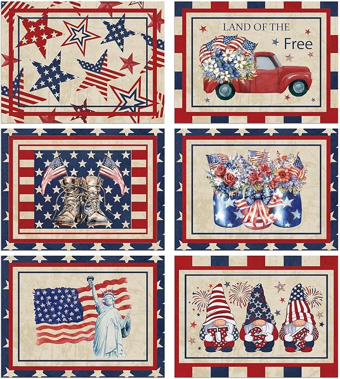 4th of July Placemats Set of 6 Patriotic Plastic Table Mats Independence Memorial Day Vintage America Flag Stars Stripe Place Mats Vinyl Table Decoration for Indoor Outdoor Party Kitchen Dining