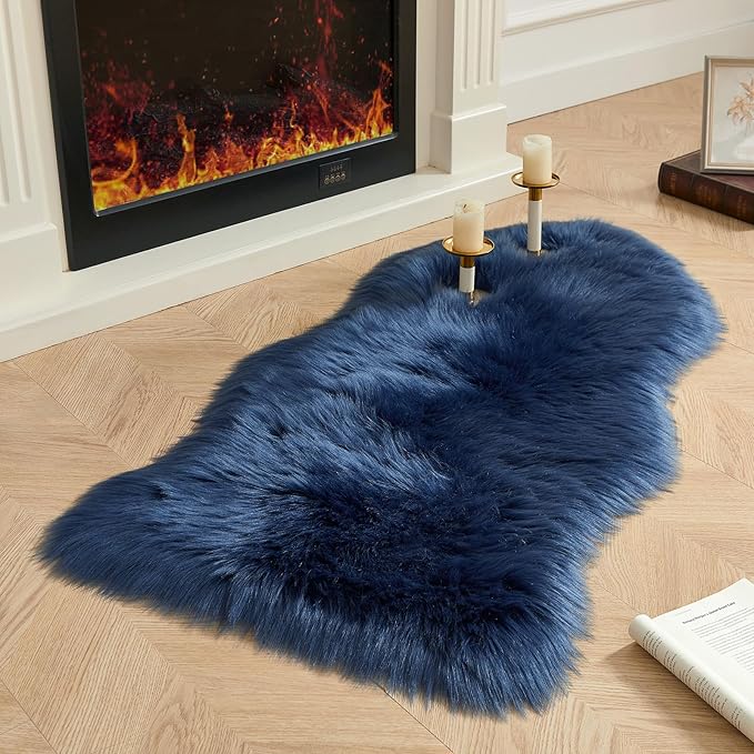 AMTOVO Faux Fur Rug, Dark Blue Area Rug, Fluffy Sheepskin Rug, Fuzzy Ultra Soft 2 x 4 ft Shag Rugs for Bedroom Sofa Throw Cushion Room Decor, Sheepskin
