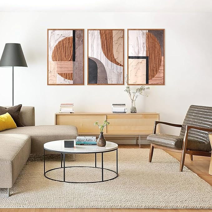 Aurlan Neutral Abstract Oval Rectangular Framed Wall Art(16"x24"), 3 PCS Minimalist Black Beige Brown Gray 3D Textured Canvas Artwork, Large Modern Geometric Illustration Art Wall Decor for Office Living Room Bedroom