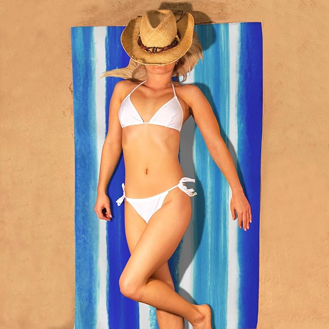 Beach Towel Oversized, Watercolor Blue Stripes Microfiber Beach Towels, Lightweight, Absorbent, Quick Dry, Sand-Free Beach Blanket, Unique and Ideal Gift for Camping, Pool,Yoga, 29.5” X 59”