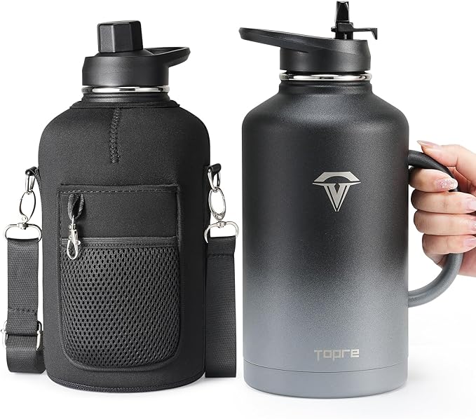 64 oz Insulated Water Bottle with Straw and Lid, Half Gallon Stainless Steel Cup with Handle,Leakproof Metal Travel Jug Flask Mug Tumbler Cup With Carry Pouch and Brush,Keep Cold & Hot,Grey