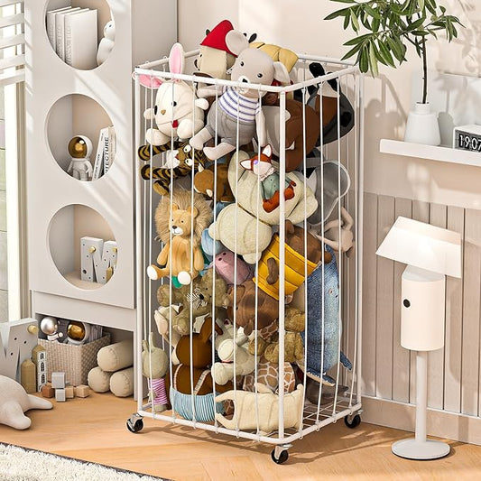 210L Stuffed Animal Organizer Plush Toy Storage Organizer Toy Storage Basket, Kids Toy Storage Bins with Wheels, Metal Frame and Elastic Cord Design, Suitable for Storage of Any Stuff