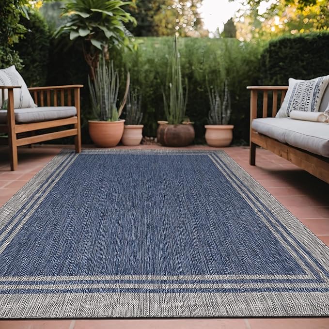 Bordered Outdoor Rug 10x14 Washable Outside Carpet for Indoor Patio Porch Waterproof Easy Cleaning Non Shedding Area Rugs Navy 10 x 14