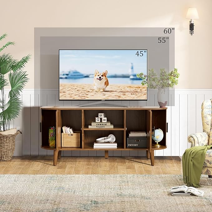 51" Fluted TV Stand, Mid-Century Modern Entertainment Center for Tvs up to 60" with Drawers and Fluted Doors, Curved TV Media Console Table with Sliding Doors for Living Room, Bedroom (51")